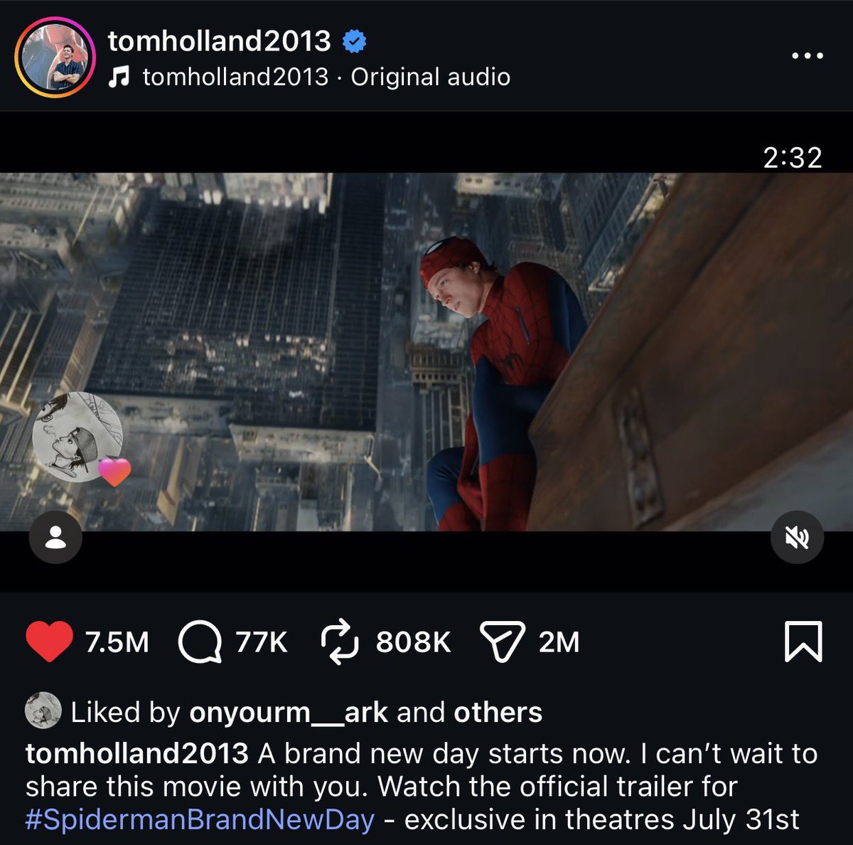 เพิ่งเห็นว่าม้าคแวะมากดไลค์ trailer ในไอจี tom holland ด้วย 🥺 คุณเขาคงตื่นเต้นและแฮปปี้มากแน่เลยที่ได้เป็นส่วนหนึ่งในการโปรโมทรอบนี้ หวังว่าจะได้เห็นม้าคที่งาน premiere ด้วยน้า 🕸️