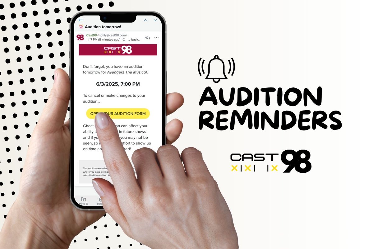 cast98app's tweet photo. 🆕 Audition reminders are now fully autonomous, sent 24 hours before each auditionee's time slot.
What audition tips should be in the reminder?
#theatre #theatredirector #theatredirectors #director #stagemanager #auditions #theatreteacher #dramateacher #theatrelife #directorlife https://t.co/CJeaXDsmWV