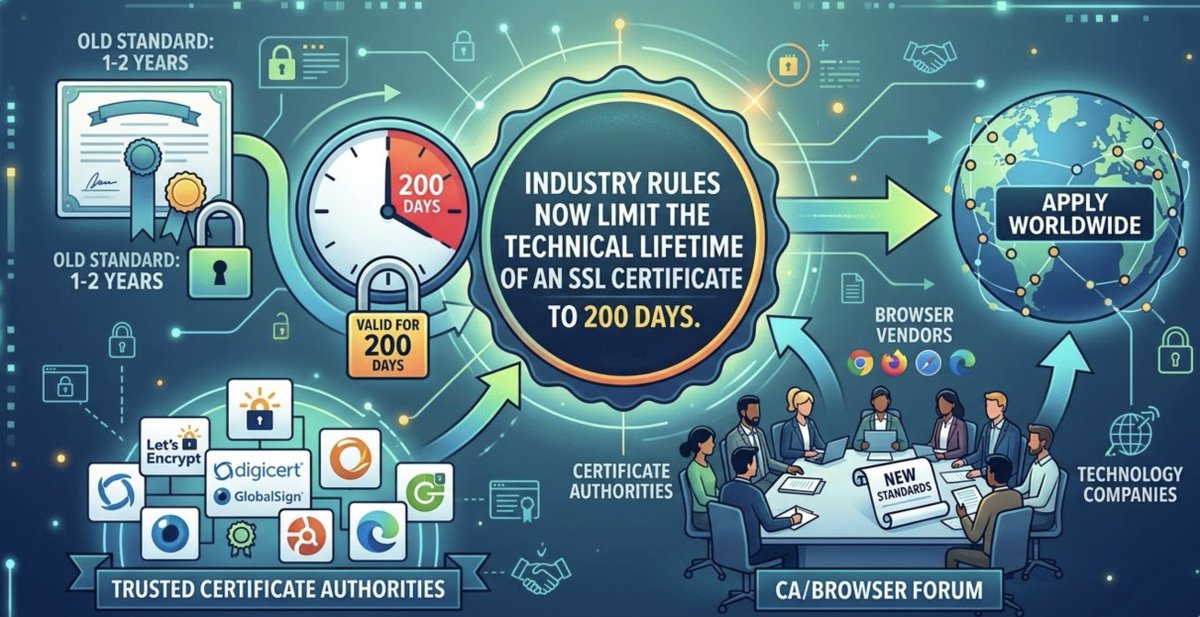 TOSHOSTLAB's tweet photo. Industry rules now limit the technical lifetime of an #SSL certificate to 200 days. These standards are set by the CA/Browser Forum, a consortium of Certificate Authorities, #browser vendors, and technology companies, and apply to every trusted #Certificate Authority #worldwide. https://t.co/WrbI7idn9v