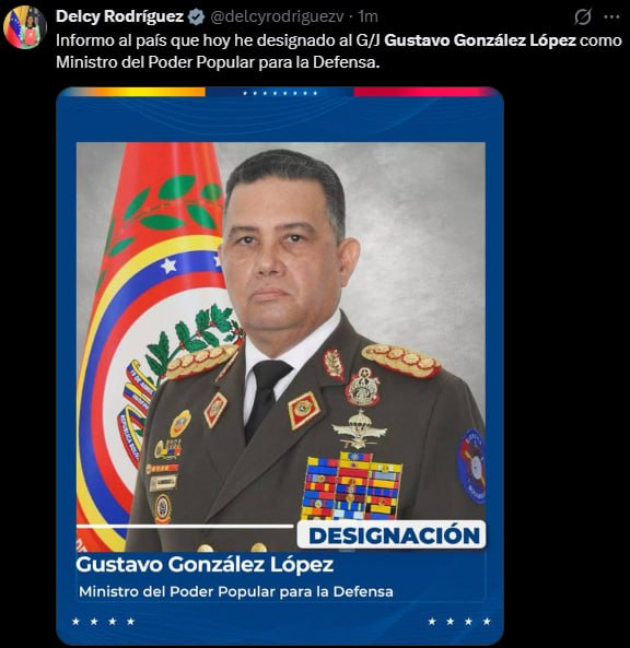 sputnik_brasil's tweet photo. 🗣 Delcy Rodríguez nomeia Gustavo González López como ministro do Poder Popular para a Defesa

📍 A presidente interina da Venezuela, Delcy Rodríguez, anunciou a destituição de Vladimir Padrino López do cargo de ministro da Defesa e nomeou o general Gustavo González López como novo titular da pasta.

🗣 "Agradecemos ao G/J Vladimir Padrino López por sua dedicação, lealdade à Pátria e por ter sido, durante todos esses anos, o primeiro soldado na defesa do nosso país. Temos certeza de que assumirá, com o mesmo compromisso e honra, as novas responsabilidades que lhe serão atribuídas", escreveu a presidente interina da venezuela em suas redes.

👉 Desde 6 de janeiro de 2026, González López atuava como comandante-geral da Guarda de Honra Presidencial da Venezuela e diretor da Direção Geral de Contrainteligência Militar (DGCIM).