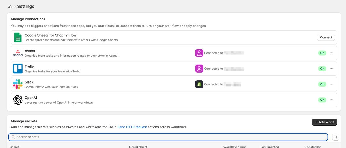 Connection settings for Sheets, Slack, and more just got a UI upgrade in Shopify Flow, making them easier to find and change. <a href="/Shopify/">Shopify</a>