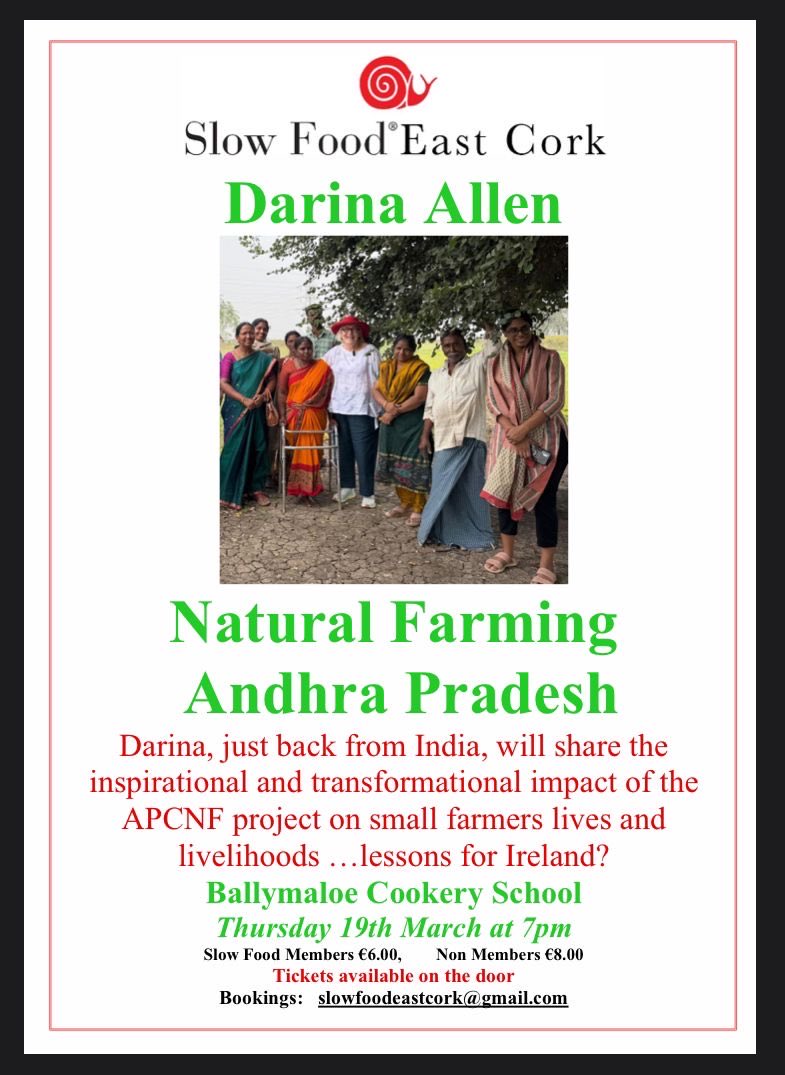BallymaloeCS's tweet photo. Natural Farming – Andhra Pradesh
with Darina Allen

Tomorrow, 7pm
Ballymaloe Cookery School

Darina shares what Darina learned from the APCNF programme in India.

🎟 €6 members | €8 non-members
Proceeds support the Slow Food East Cork Educational Project https://t.co/uJ3r2tY09q