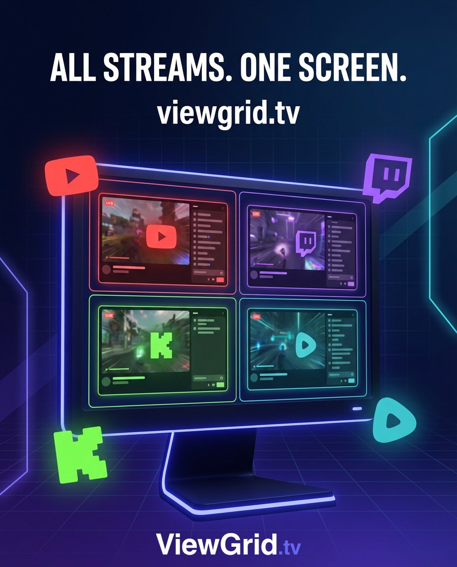 viewgridtv's tweet photo. Stop switching tabs. Start watching everything.

YouTube, Twitch, Kick & Rumble — all playing simultaneously on one screen. Up to 12 streams. Custom layouts. Completely free.

Try it now: https://t.co/Mztix6m9LT

#ViewGrid #MultiStream #Twitch #YouTube #Kick #Streaming #Esports #LiveStreaming #GamingTools #FreeTools