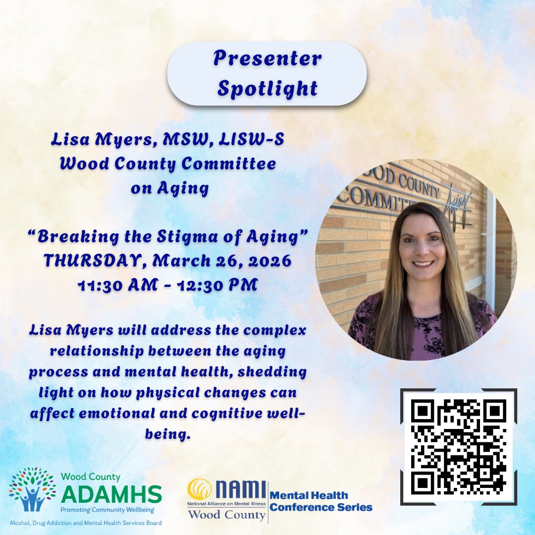 Join us next Thursday, March 26, 2026, from 11:30 AM–12:30 PM for the March session of Caring for a Generation: Supporting Mental Health in Aging. Lisa Myers, LISW-S, presents “Breaking the Stigma of Aging.” Register at NAMI Wood County: namiwoodcounty.org/mhcs/
