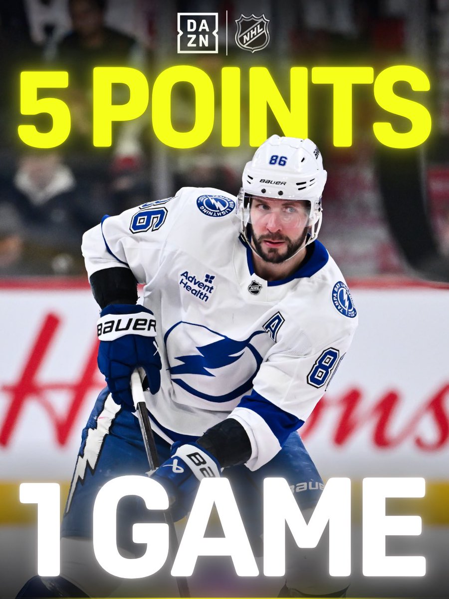 DAZN's tweet image. 8th 4-point game of season ✅
7th career hat trick ✅
9th career 5-point game ✅

Have yourself a night Nikita Kucherov 👏

#NHLonDAZN | #Lightning | #Kucherov | #NHL
