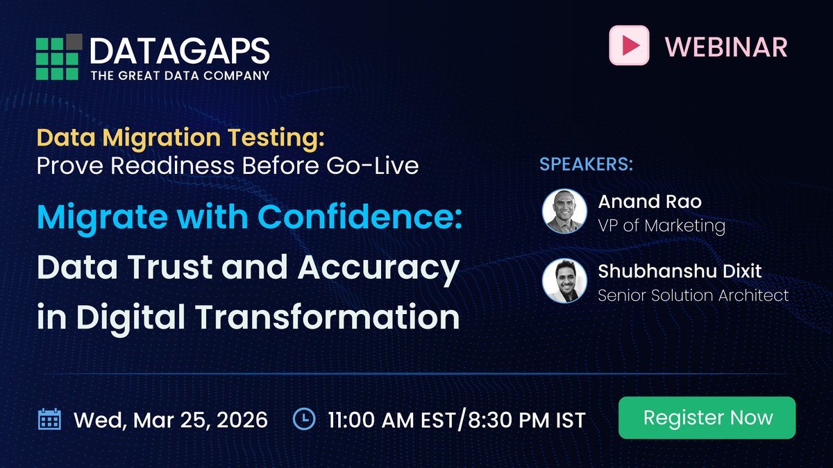 DatagapsTeam's tweet photo. Register: https://t.co/0OqADHWZZ6
#Migration isn’t a copy job—it’s a testing program. Learn how phased validation + layered reconciliation turn go-live into a calm, auditable release.
✔ Phased validation
✔ Layered reconciliation
✔ Evidence-based signoff
@DatagapsTeam https://t.co/mvP8fk3bae