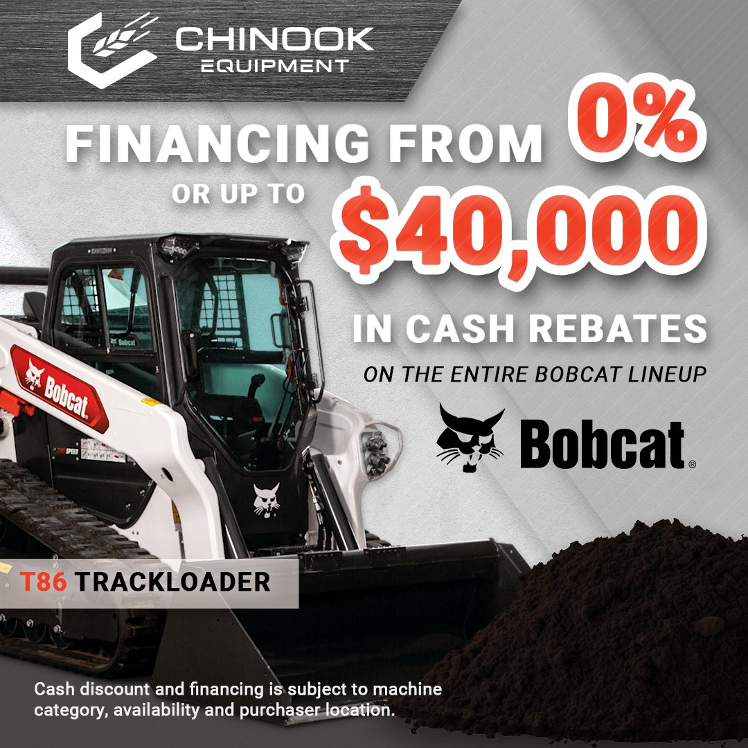 💥 Limited Time Bobcat Offers 💥

Now’s the time to upgrade your equipment with Bobcat’s best deals of the season. Take advantage of 0% financing OR big cash rebates on select Bobcat machines.