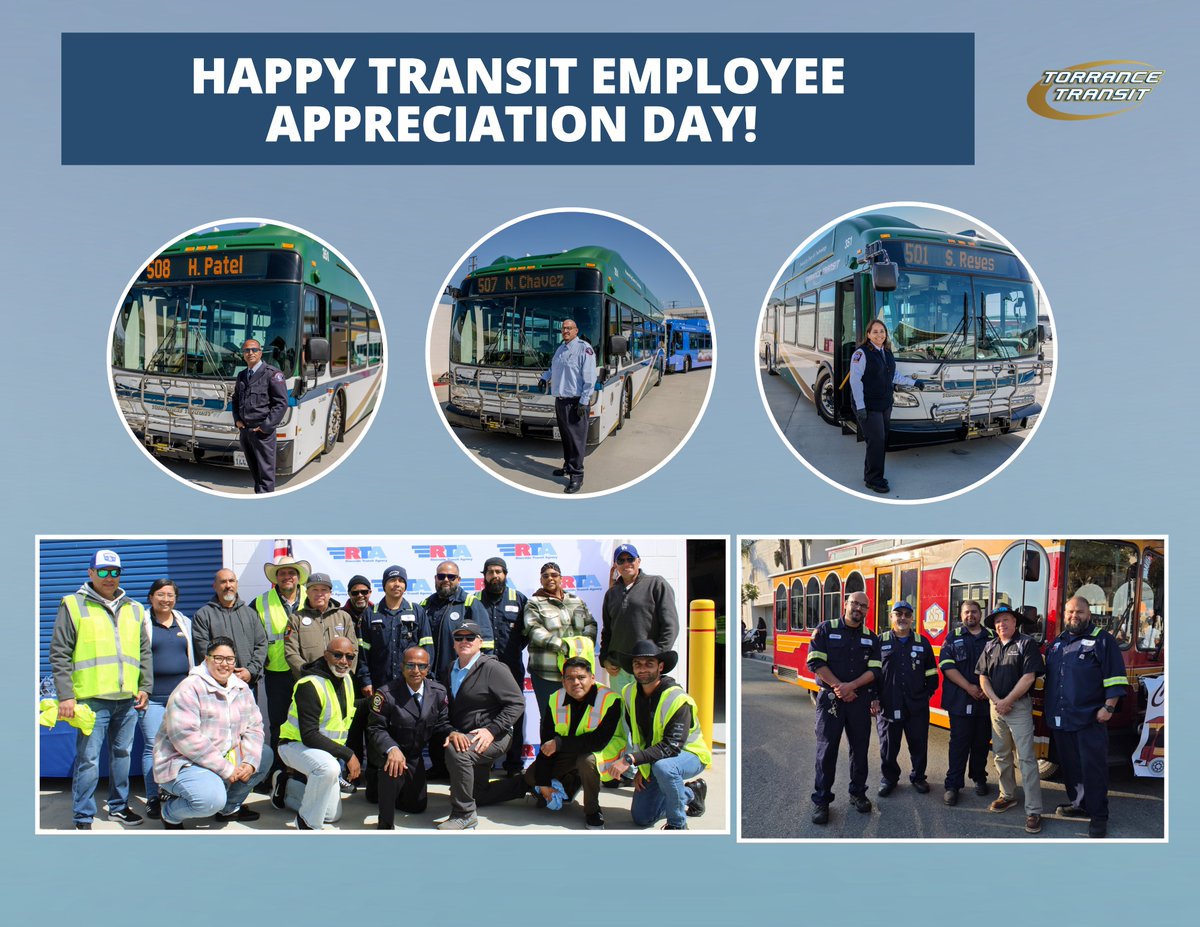 TorranceTransit's tweet photo. Today, we celebrate and recognize the hardworking transit professionals who keep Torrance and the region moving. From operators and maintenance crews to supervisors, station attendants, dispatchers, and janitorial staff - your dedication makes public transit possible every single day.
Shoutout to the incredible team at TTS!
#transit #transitemployees #appreciation