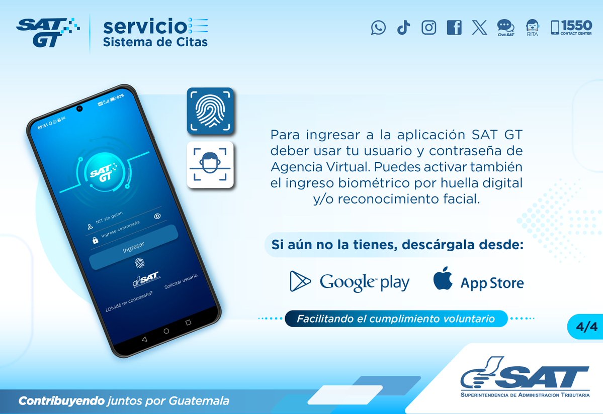 SATGT's tweet photo. 📲 App #SATGT

⬇️ Descárgarla, realiza, modifica, cancela o consulta tu cita desde tu móvil.

Recuerda que para ingresar a la App, debes hacerlo con usuario y contraseña de #AgenciaVirtual. También podrás activar tu huella o 🧑‍🦱reconocimiento facial.🫆 https://t.co/XTKTDFDHEx