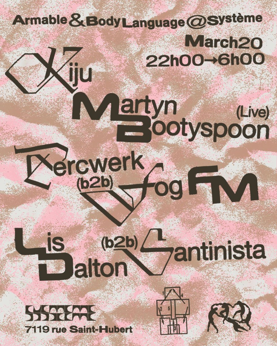 The Eastern-Canada Confederation strongly forged going till 6 am this Friday at Système 

BodyLanguage x Armable

Hybride Live Set from me only tickets past the 3 am remain 🔻

 ra.co/events/2387368