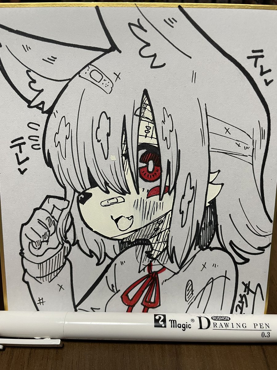 油性ペンにアクリルガッシュで色塗り失敗した色紙を、ドジっ子属性を生かしてダメージバージョンお咲ちゃんにしてみました・・・これでも欲しい人がいるなら関西けもケ持っていきます_:('ཀ`」 ∠): 