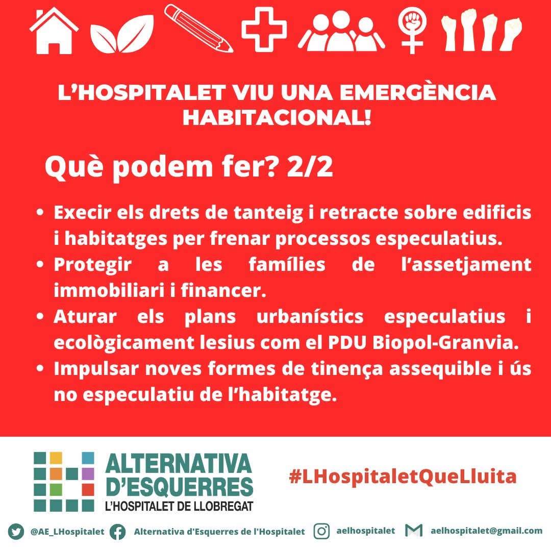 AE_LHospitalet's tweet photo. El proper dimarts 24 de març, la Plataforma Contra l' Especulació  Inmobiliaria i la Massificació Turística convoca una concentració davant la plaça de l'ajuntament 
Us esperem al les 18h
#LHospitaletQueLluita
#BarrisDignes
#EnsQuedem https://t.co/YmBGIj4nnc