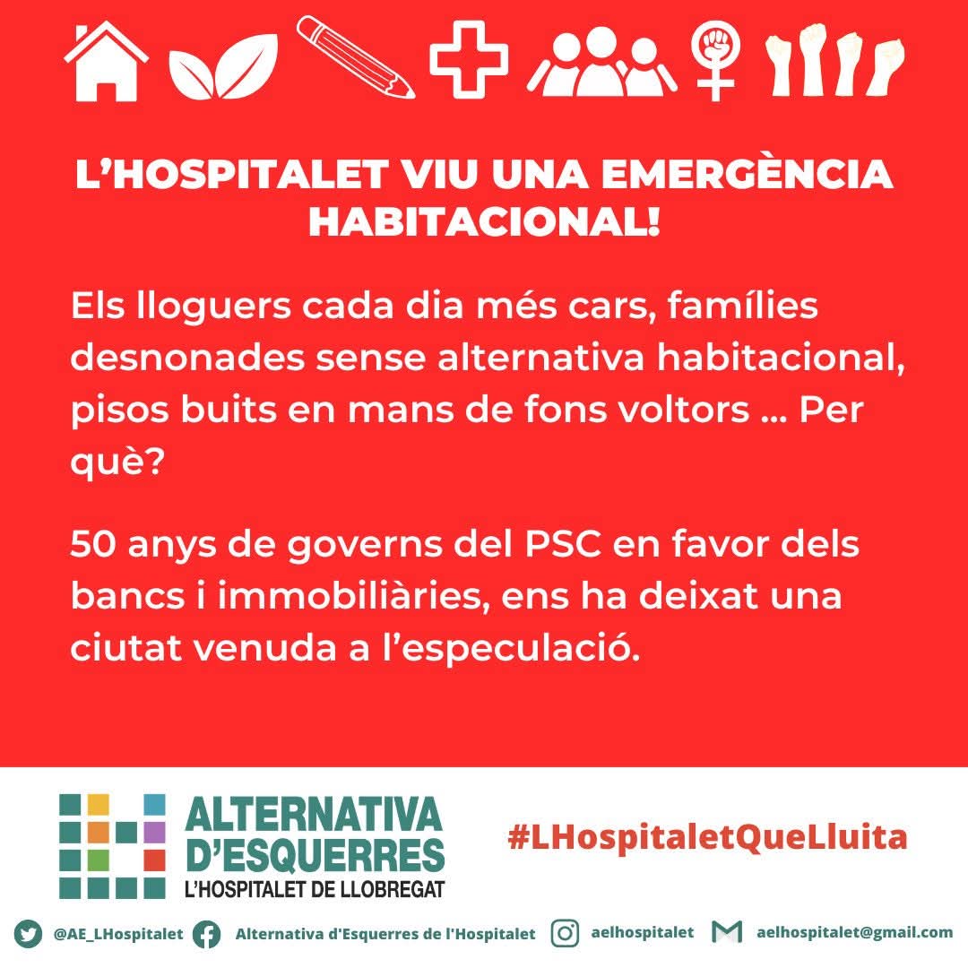 El proper dimarts 24 de març, la Plataforma Contra l' Especulació  Inmobiliaria i la Massificació Turística convoca una concentració davant la plaça de l'ajuntament 
Us esperem al les 18h
#LHospitaletQueLluita
#BarrisDignes
#EnsQuedem