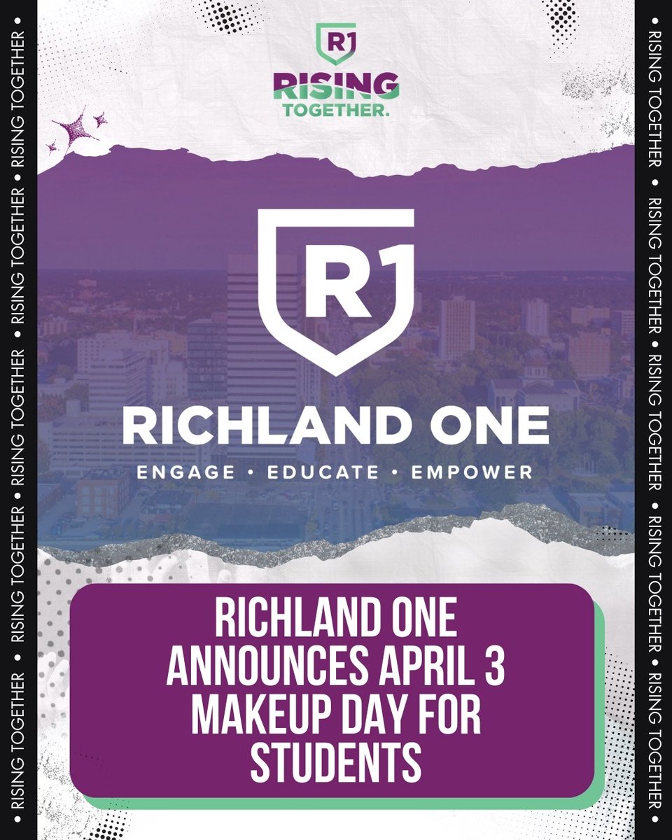 RichlandOne's tweet photo. 📢 Attention Richland One families! The day missed on January 26 will be made up on April 3 as an e-learning day, originally the start of Spring Break. Stay tuned for plans for the March 16 closure. #RisingTogether

Details ➡ https://t.co/ObHvJpeSWP https://t.co/no8Y8ZTcHt