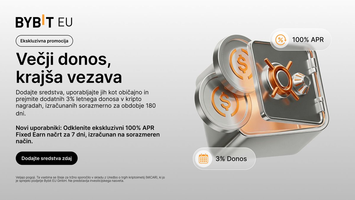 Začnite z močnim donosom — brez dolgih vezav. 🔐

100% APR za prvih 7 dni za nove uporabnike, nato pa dodatni 3% donos na vaša sredstva v naslednjih 180 dneh.

Jasna struktura. Več nadzora.

👉 Dodajte sredstva zdaj: i.bybit.eu/1Zab97Lb

#BybitEU #EarnCrypto #CryptoEurope