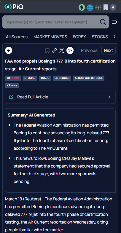 PiQMarkets's tweet photo. FAA nod propels Boeing's 777-9 into fourth certification stage, Air Current reports

More Here → https://t.co/FCvfqvPXsV https://t.co/p9wpetue36