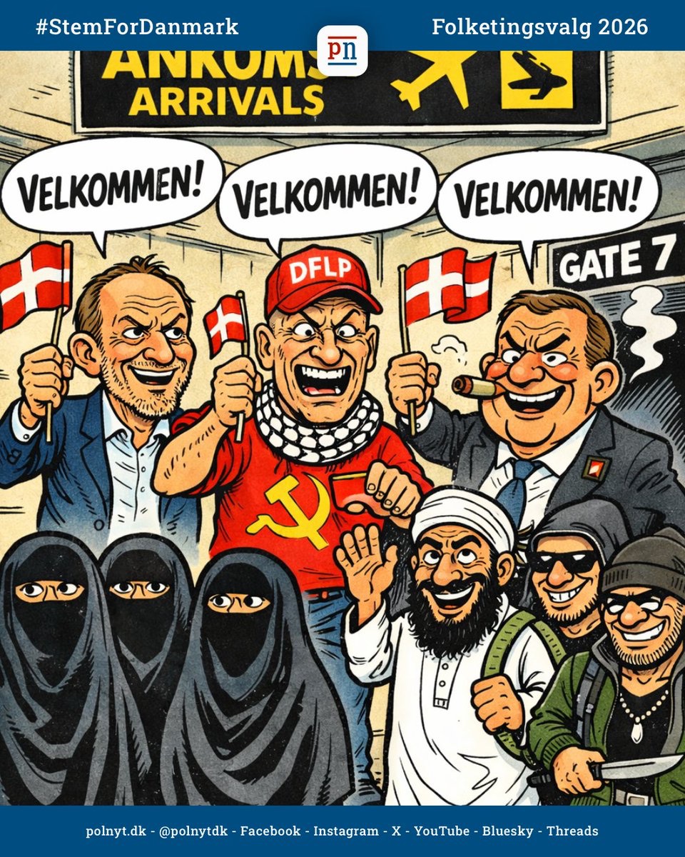 Her er, hvad du får, hvis du stemmer på Mette Frederiksen, Lars Løkke, Martin Lidegaard, Pelle Dragsted, Pia Olsen Dyhr og Franciska Rosenkilde.

Rød bloks migrantpolitik.

Stem for Danmark.

#dkpol #folketingsvalg #StemForDanmark #satire #remigration

facebook.com/polnytdk/posts…