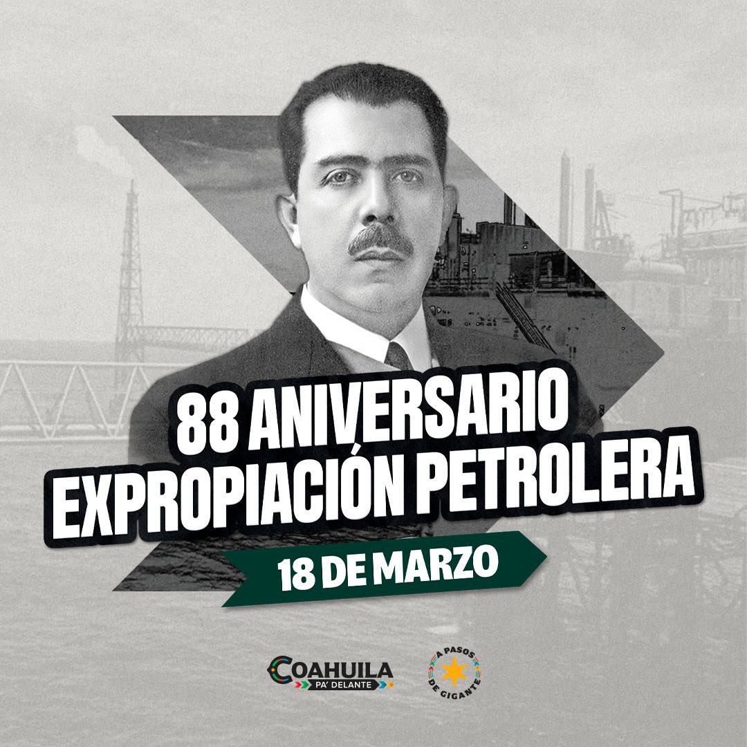 Hoy conmemoramos el Día de la #ExpropiaciónPetrolera, un momento histórico que marcó el rumbo de nuestro país y reafirmó la soberanía sobre nuestros recursos. Sigamos trabajando por un México fuerte, con visión, presente y futuro. 🇲🇽 #CoahuilaPaDelante #APasosDeGigante