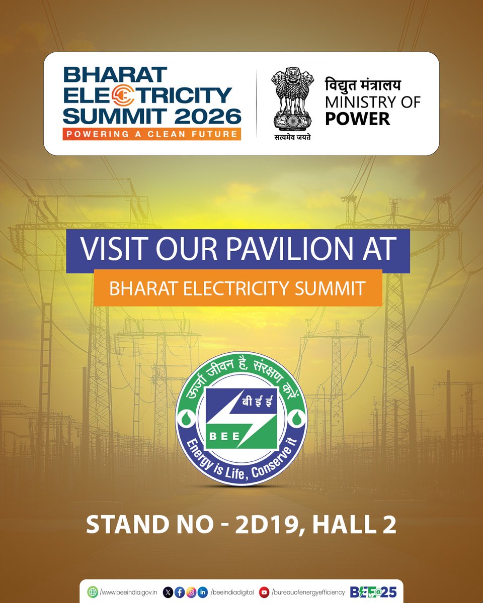 beeindiadigital's tweet image. Join us at the Bharat Electricity Summit 2026 and explore how #energyefficiency is powering India’s sustainable future.

📍 Stand No: 2D19, Hall 2

Be a part of the dialogue shaping an energy-efficient and resilient India.

#BEEat25 #EnergyTransition  #MissionLiFE