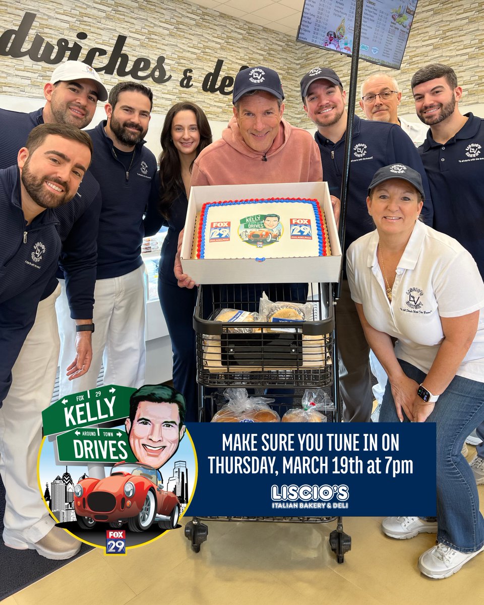 LisciosBakery's tweet photo. When @BobKellyFOX29  stops by, you know it’s going to be a good time!

We had a great time at our Glassboro store, giving Bob a look into what we do and how it all comes together. Catch the full Kelly Drives segment tomorrow at 7 PM on @FOX29philly.

#KellyDrives https://t.co/XP1PFUUjXX
