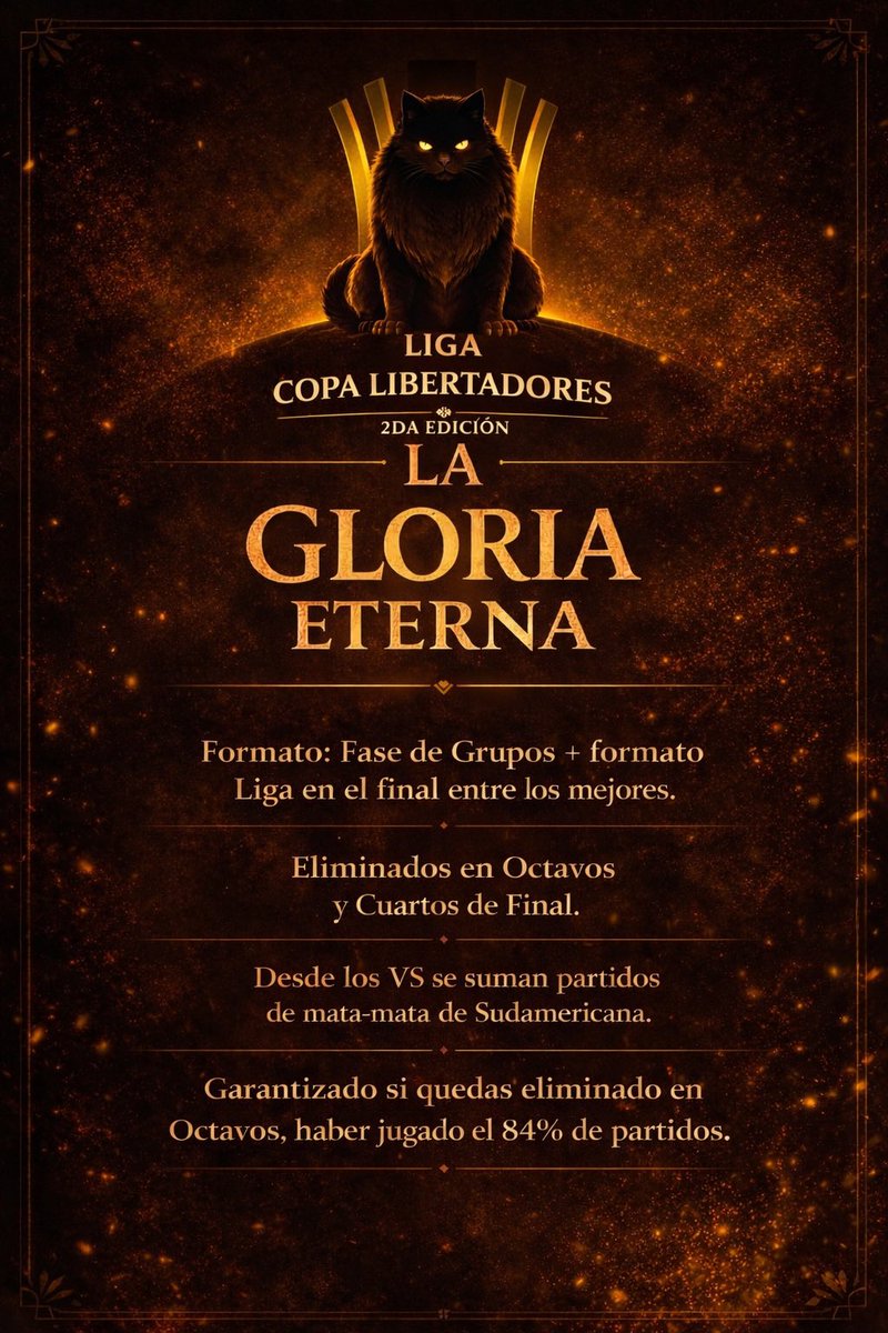 COPA LIBERTADORES 🌎
~ 2da Edición ~

ULTIMOS 3 DIAS PARA INSCRIBIRSE!
🏆 Actualización:

11 Jugadores en Pre-Lista ⚽️
30 Jugadores ya Inscritos ✔️

Valor Inscripción: $8.000 c/u y 2 participantes x $14.000.-

Fecha limite de inscripción 20 de Marzo.
Ven y sumate a las Ligas! 🐈‍⬛