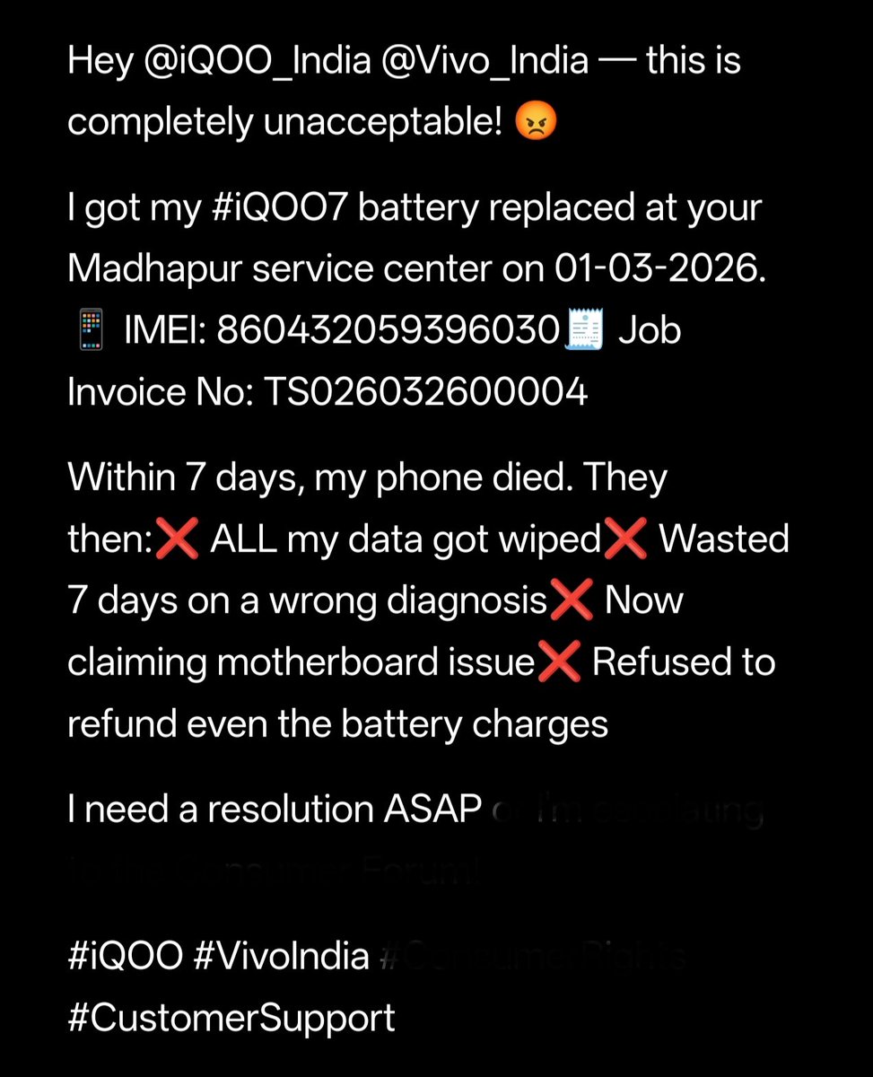 MDQuadeer756's tweet photo. Hey @IqooInd @Vivo_India - this is completely unacceptable!

I got my #iQ007 battery replaced.
Within 7 days, my phone died.
I need a resolution ASAP

#iQOO #Vivolndia @AmreliaRuhez @tech_burner @iamprasadtech @TrakinTech @ShokeenSanchit @GyanTherapy @TechnologyGyan7 https://t.co/QInjrBqaYS