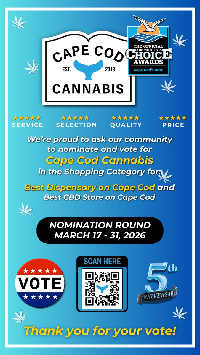 The 2026 Choice Awards nominations have begun until March 31, 2026 and we proudly ask for your nomination as the Best Dispensary on Cape Cod. Please visit @ capecodtimes.gannettcontests.com/2026.../galler…... to enter your submission.