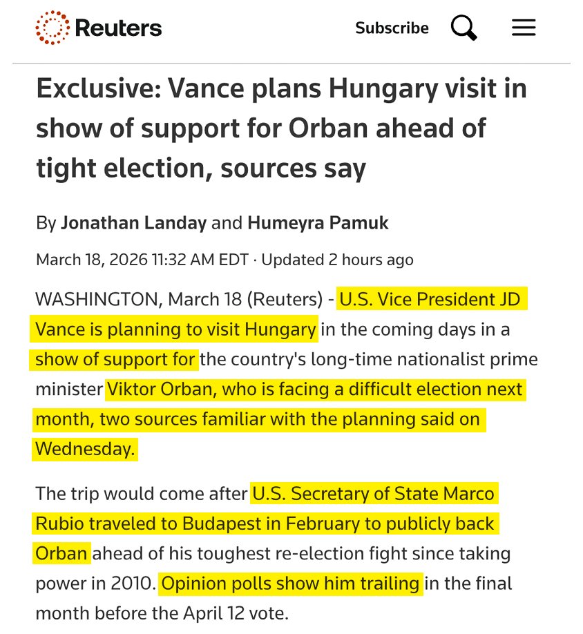 MaxFlugrath's tweet photo. Orbán is trailing in the polls ahead of Hungary's April 12 election. Rubio already flew to Budapest in February to publicly back him. Now they're sending the Vance.

Two senior U.S. officials dispatched in two months – to prop up an authoritarian who's losing. https://t.co/r5kGMgQrLn