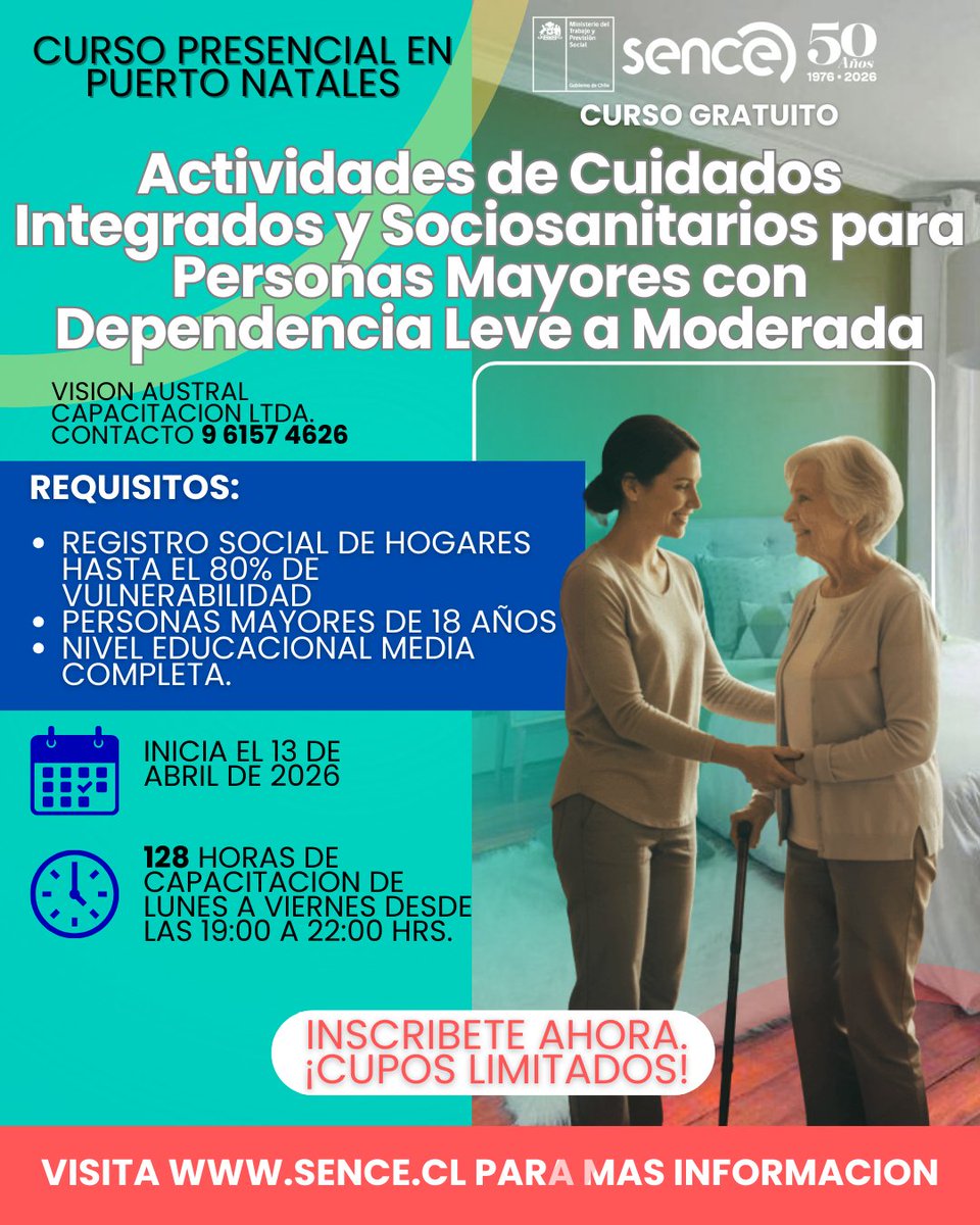 #quedancupos Atención Natales
📷Comuna de  PUERTO NATALES:
-ATENCIÓN DE PÚBLICO EN SERVICIO EN SERVICIOS TURÍSTICOS
📷tinyurl.com/bdh5d8v8
-ACTIVIDADES DE CUIDADOS INTEGRADOS Y SOCIOSANITARIOS PARA PERSONAS MAYORES CON DEPENDENCIA LEVE O MODERADA
📷tinyurl.com/3xyfjyyh
