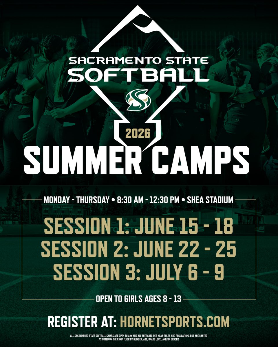 SacStSoftball's tweet photo. Summer softball camp registration is open! Girls ages 8-13

Session 1: June 15-18
Session 2: June 22-25
Session 3: July 6-9

More info/registration: https://t.co/xkywGY4010 https://t.co/Gbjgzkksol