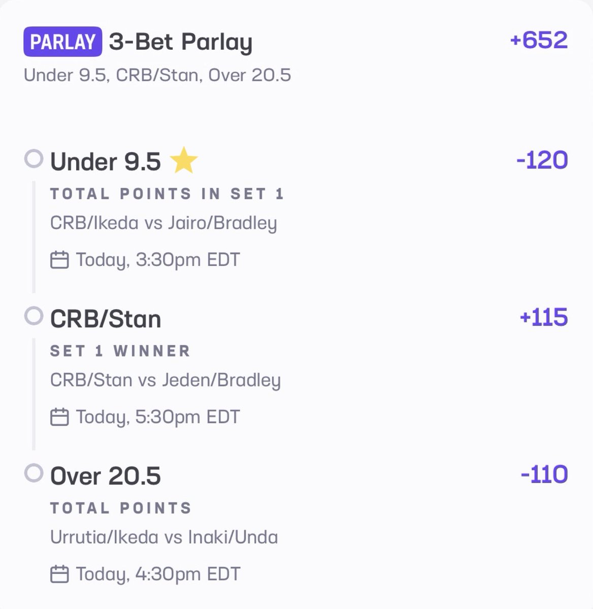 Itching for some afternoon sweats? 💦

 Here’s a +652 Jai Alai Parlay

⭐️ = Play of the Day (Play Straight)

If we cash, giving $50 to TWO people who like &amp; comment👇