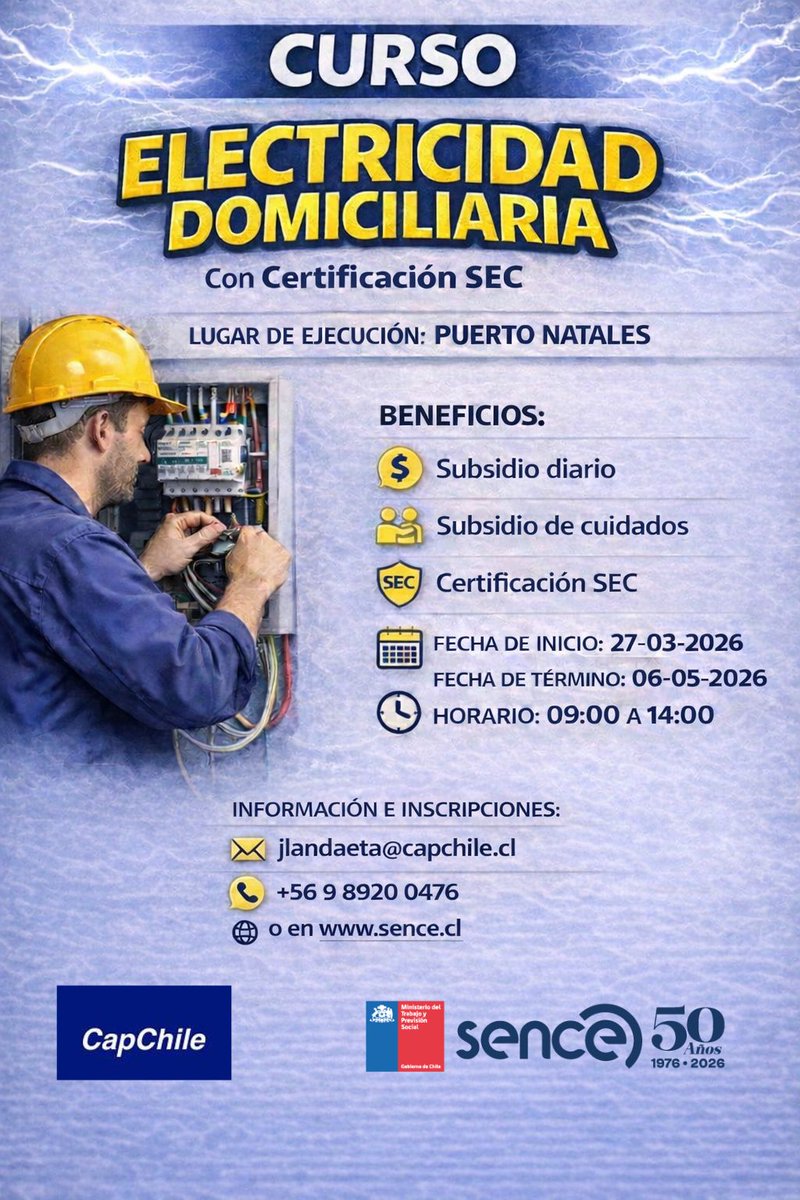 #quedancupos
📌CURSO: INSTALACIONES ELÉCTRICAS TIPO F Y G
🔗tinyurl.com/2v73tay2
Presencial en la comuna de PUERTO NATALES
Requisitos:
✅Ser mayor de 18 años
✅Contar con un Registro Social de Hogares hasta el 80%
✅Contar con Educación Media Completa
sence.cl