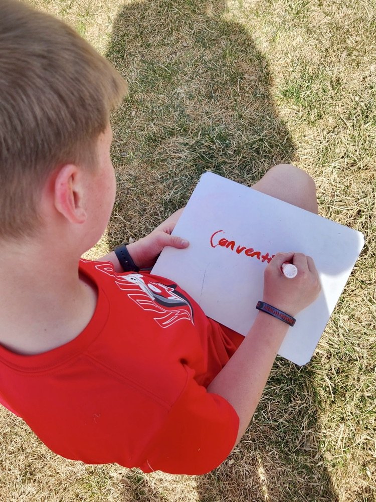 PCS_Pride's tweet image. 5th Gade ELA:
   Mrs. Turner and her students took advantage of the beautiful weather during class.  Students went outside and competed against each other in a relay-race to practice their spelling words.
#makelearningfun
#plainsmenpride