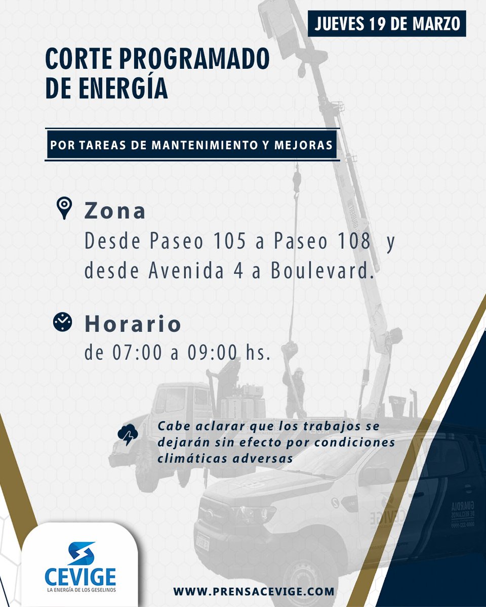 Corte programado para el 19/03/2026 💡🔧🔩

#Corteprogramado #Cevige #Electricidad #Mantenimiento #Energía
