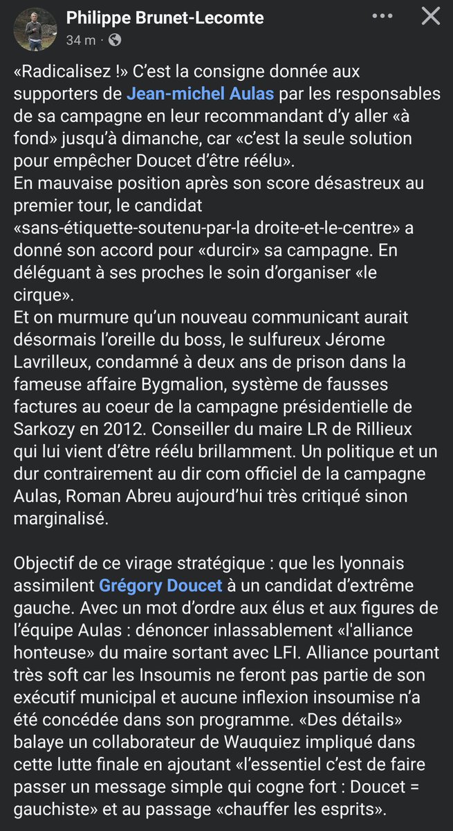Metro_Lyon2026's tweet photo. Le billet de campagne d'entre-deux tours de Philippe Brunet-Lecomte (via Facebook) https://t.co/Tgs0KBIbgz