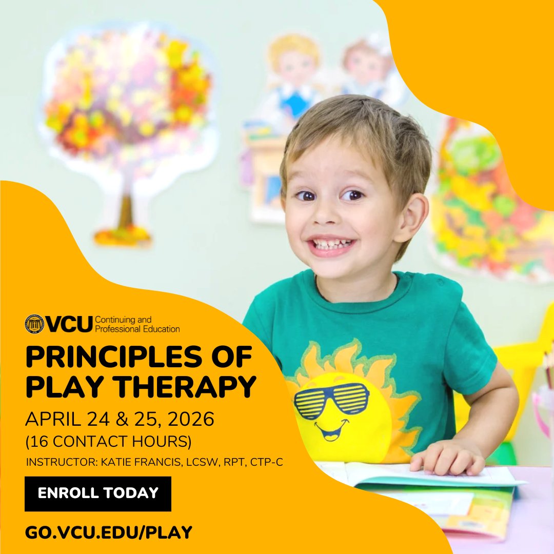 VCU_LEDstudio's tweet photo. Counselors and therapists: Ready to deepen your impact with children and families? Join our upcoming Principles of Play Therapy course. You'll explore key models, theory, and practical skills to confidently support children. #PlayTherapy #AdultLearners https://t.co/BXog2CvvSu https://t.co/GyYx7T2Slo