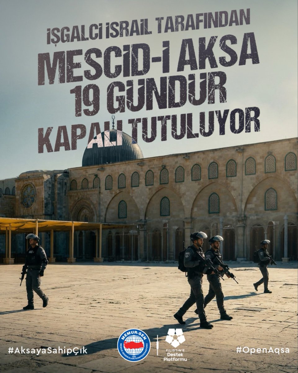 İlk kıblemiz 19 gündür siyonist İsrail’in işgali altında…
Mescidi Aksa mahzun, el Aksa esir…

“Tutsak Kudüs'e borcumuz, Kudüs'ü savunmaktır, özgürlüğüne kavuşturmaktır.”  Nuri Pakdil

#AksayaSahipÇık #OpenAqsa