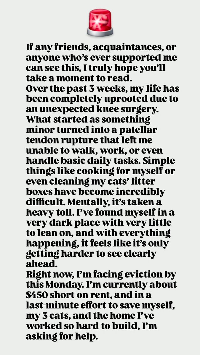 blindedf8draws's tweet photo. 🚨If you see this, please take a moment to read.‼️

The past few weeks have completely changed my day-to-day life after an unexpected knee surgery. I’m currently unable to work or handle even basic routines, and it’s taken a serious toll mentally and physically.

Right now, I’m facing eviction by Monday and I’m about $450 short. I’m doing everything I can to hold things together for myself and my cats, but I can’t do this alone.

If you’re able to help, my GoFundMe is in my bio. I also have direct options like Venmo and Chime, and I’m open to discounted commissions. Even sharing this helps more than you know.

I’m holding onto hope. I just need a little help getting through this moment. 

Thank you 💖
