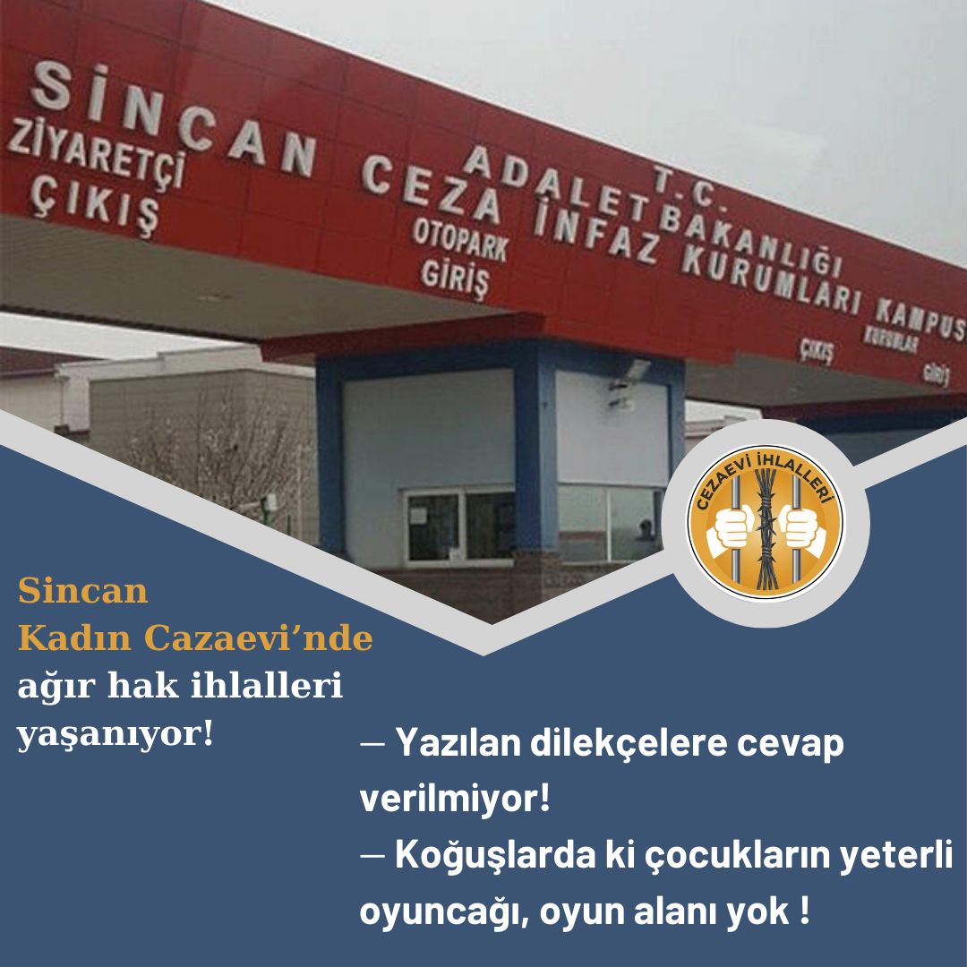 Sincan Kadın Cezaevi' nde ağır hak ihlalleri yaşanıyor. 

12 kişilik koğuşlarda 36 kadın mahpus ve 2 çocuk kalıyor. 
Çocukların yeterli oyuncağı yok,yeterli oyun alanı yok. Psikolojik destek alması gereken çocuklar var .
<a href="/memduhtv/">memduh bayraktaroğlu</a>
Cezaevinde İnsanlıkDramı