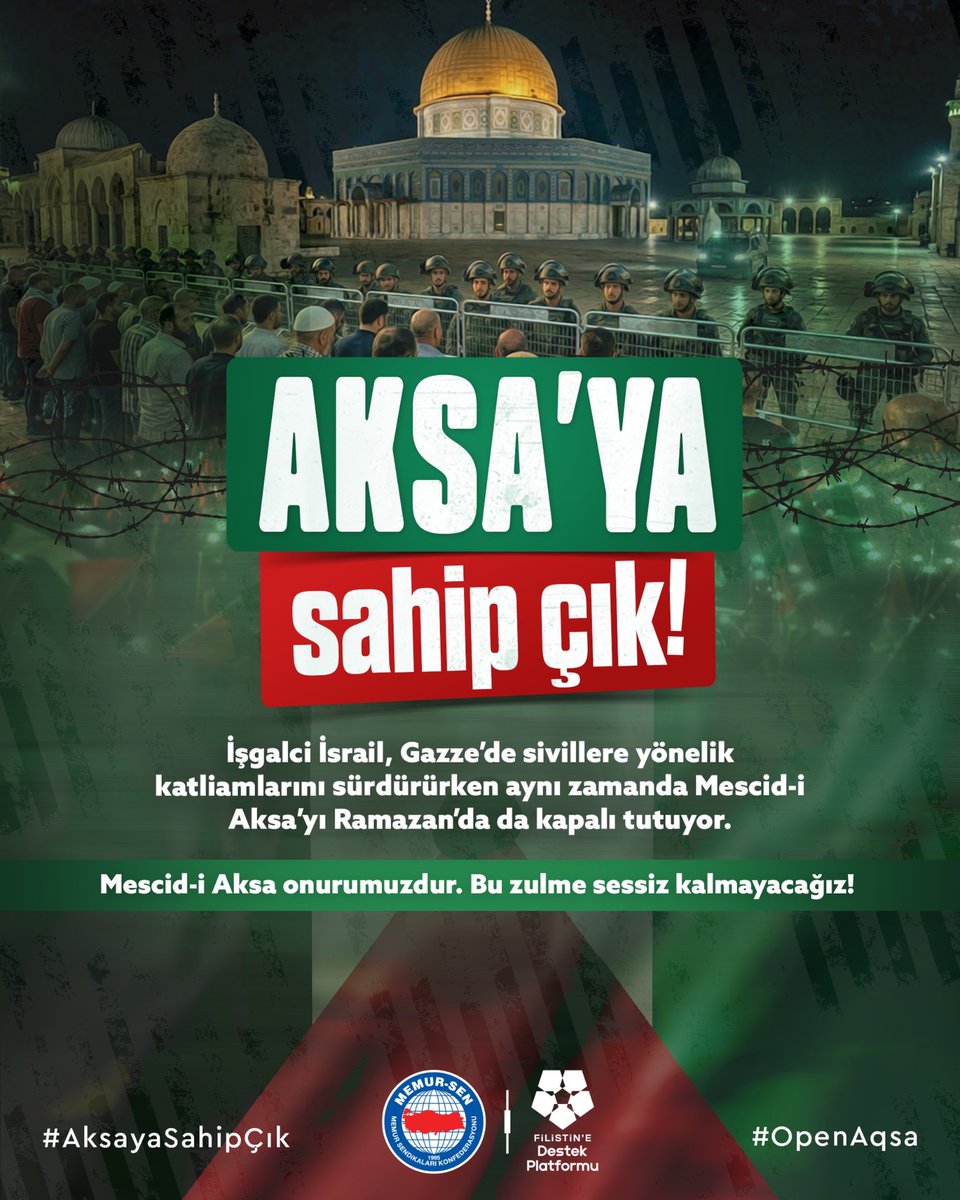 İslam’ın ilk kıblesi, Miraç’ın eşiği ve ümmetin ortak izzeti Mescid-i Aksa’mız işgal altında..

Mukaddesatımıza sahip çıkmak, bir tercihten öte imani bir sorumluluktur..

#AksayaSahipÇık
#OpenAqsa
#Gazze