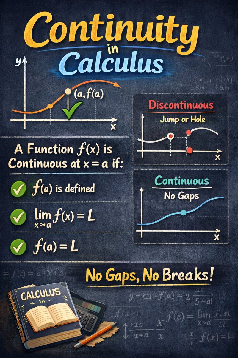 mathbyjamesdele's tweet photo. 📘 Continuity in Calculus: Keeping It Smooth!

Ever wonder what it means for a function to be continuous? In calculus, continuity is all about smoothness—no jumps, breaks, or holes in the graph.

A function is continuous at a point if:
✔️ The function is defined at that point
✔️ The limit exists as you approach that point
✔️ The limit equals the function’s value

In simpler terms… you can draw the graph without lifting your pencil ✏️

Why does this matter?
Continuity is the foundation for understanding key concepts like limits, derivatives, and real-world applications such as motion, growth, and change.

💡 From tracking a car’s speed to modeling population growth, continuity helps us describe how things flow seamlessly in the world around us.

#Calculus #MathEducation #STEM #Continuity #MathTeacher #LearningMathematics