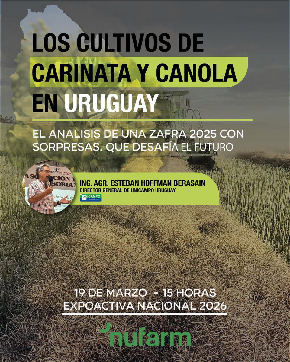 NufarmUy's tweet photo. Como cada año, presentes en la expoactiva Nacional, con nuestra clásica jornada sobre Canola. 

Que pasó en 2025 y por qué? que podemos esperar este invierno?

Los esperamos https://t.co/4TIe7LqFWq