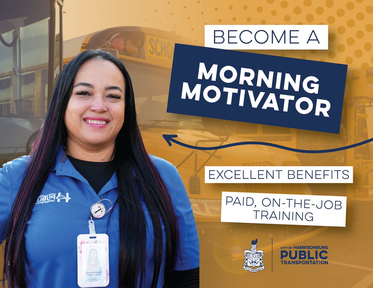 HarrisonburgVA's tweet photo. Use your driving skills to support a safe, positive school experience: apply to the @rideHDPT School Bus Driver  position!
This is a full-time position with benefits, paid, on-the-job training, and summers + many holidays off throughout the year. 
More: https://t.co/3DakDHoxHh https://t.co/AObeTy7McZ