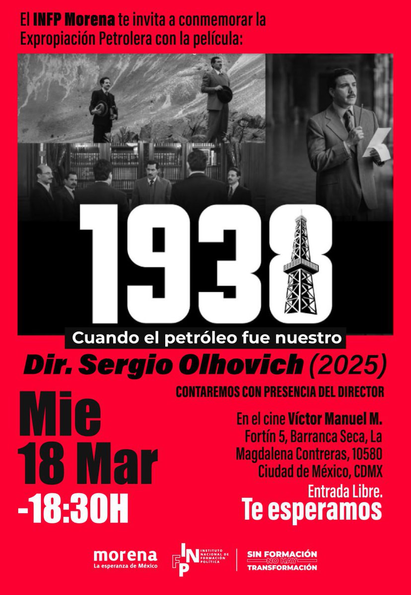 🌟🌟🌟¡Hoy!🌟🌟🌟

1938: Cuando el petróleo fue nuestro del director Sergio Olhovich, quien asistirá a esta proyección

Aquí te explicamos cómo llegar: 
instagram.com/reel/DFx7o4luM…

Indicaciones desde Google maps:

maps.app.goo.gl/svWcL3BRfmbNTh…

🗓️  18 de marzo. 18:30 h. 

Entrada Libre