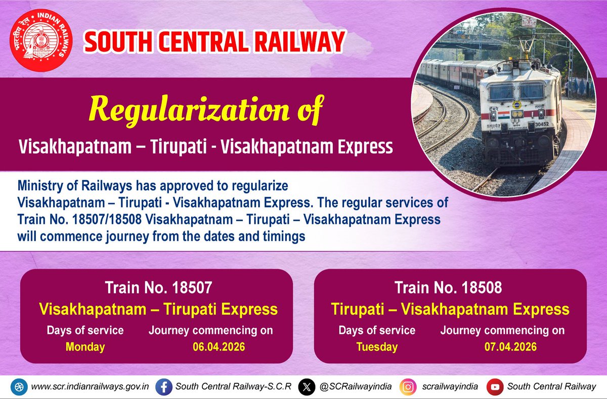 SCRailwayIndia's tweet photo. 🚆 Good News for Passengers!
Visakhapatnam – Tirupati – Visakhapatnam Express is now regularized. Services begin from April 2026. Plan your journey!

#AmritRail #IndianRailways #SCRUpdates #TrainNews #TravelSmart #Visakhapatnam #Tirupati #RailUpdate https://t.co/KcPNppZuYH