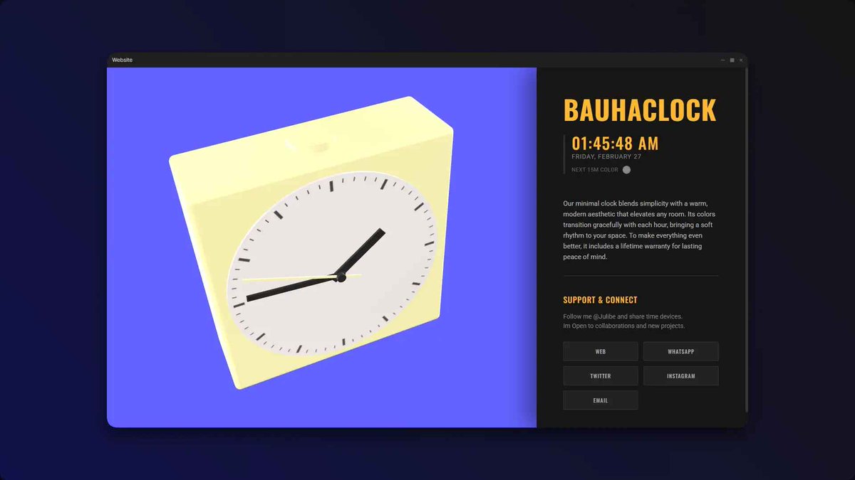 Julibe's tweet photo. Hi guys! Here’s BauhaClock⏰, a minimal analog clock I made  back in 2012, when I was just lerning #ThreeJS. 

https://t.co/a9RIBqE852

It was painfully hard back then, like “why is nothing working!!!” hard 😅 how far things have come…

⏰ 🕰️ ⏳
#timeFlies #RetroCode https://t.co/iYsDGfxMiI