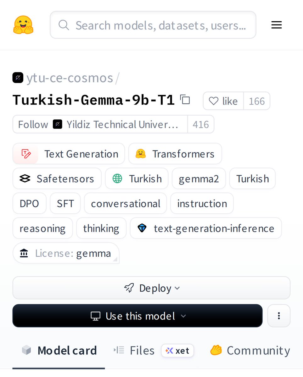 HuggingModels's tweet photo. Meet Turkish-Gemma-9b-T1: a powerful, specialized LLM fine-tuned for Turkish language tasks. It's not just another translation layer, it's a model built to understand and generate nuanced Turkish text, making it a game-changer for Turkish-speaking AI communities. https://t.co/pMWqeHxtcI