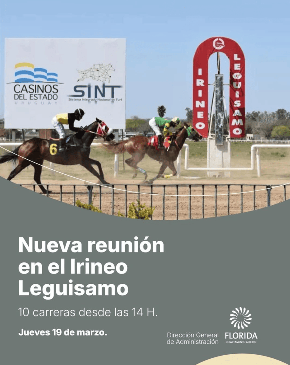 🐎 Jornada hípica en Florida
Jueves 19 de marzo | 14:00 hs.
Nueva reunión del SINT en el Hipódromo Parque Irineo Leguisamo.
🏇 10 carreras en una tarde a puro turf.
ℹ️ Más info:
gub.uy/intendencia-fl…