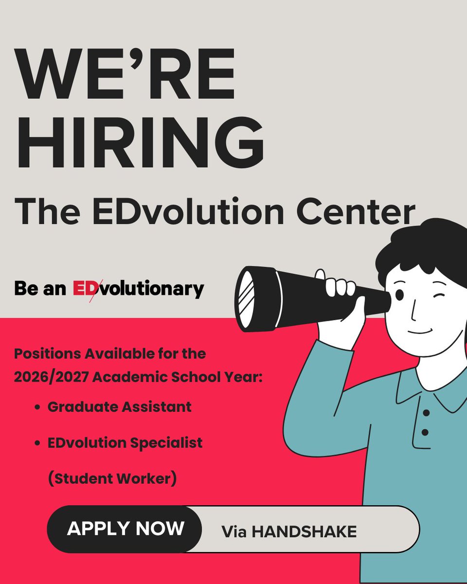 SEMO_EDvolution's tweet photo. Want to be a part of our awesome team here at the EDvolution Center?

Apply now for the upcoming school year job openings!

All applications are due April 3, 2026 by noon! https://t.co/g6vnfzIdzN
