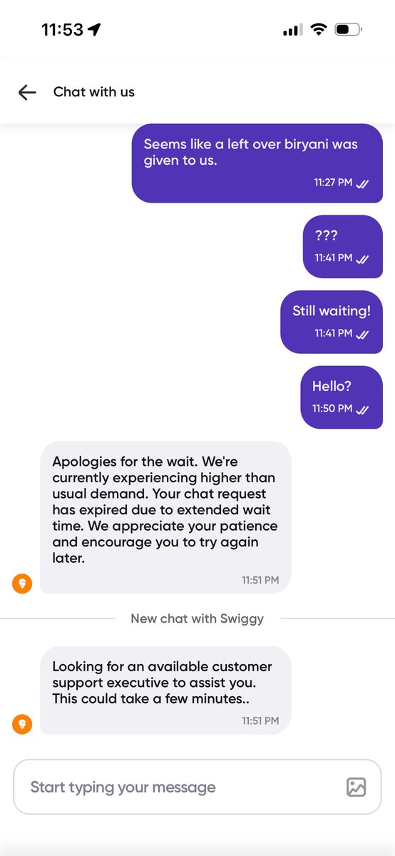 prochi45's tweet photo. Hey @Swiggy @SwiggyCares, this is beyond pathetic.
For the SECOND time this week, you’ve messed up my order. I ordered Chicken Dum Biryani and got something else entirely. I’ve been sitting on your "support" chat for over 30 mins with zero response.

#Swiggy #Shit #SwiggyIndia https://t.co/OTIyUjLRMB